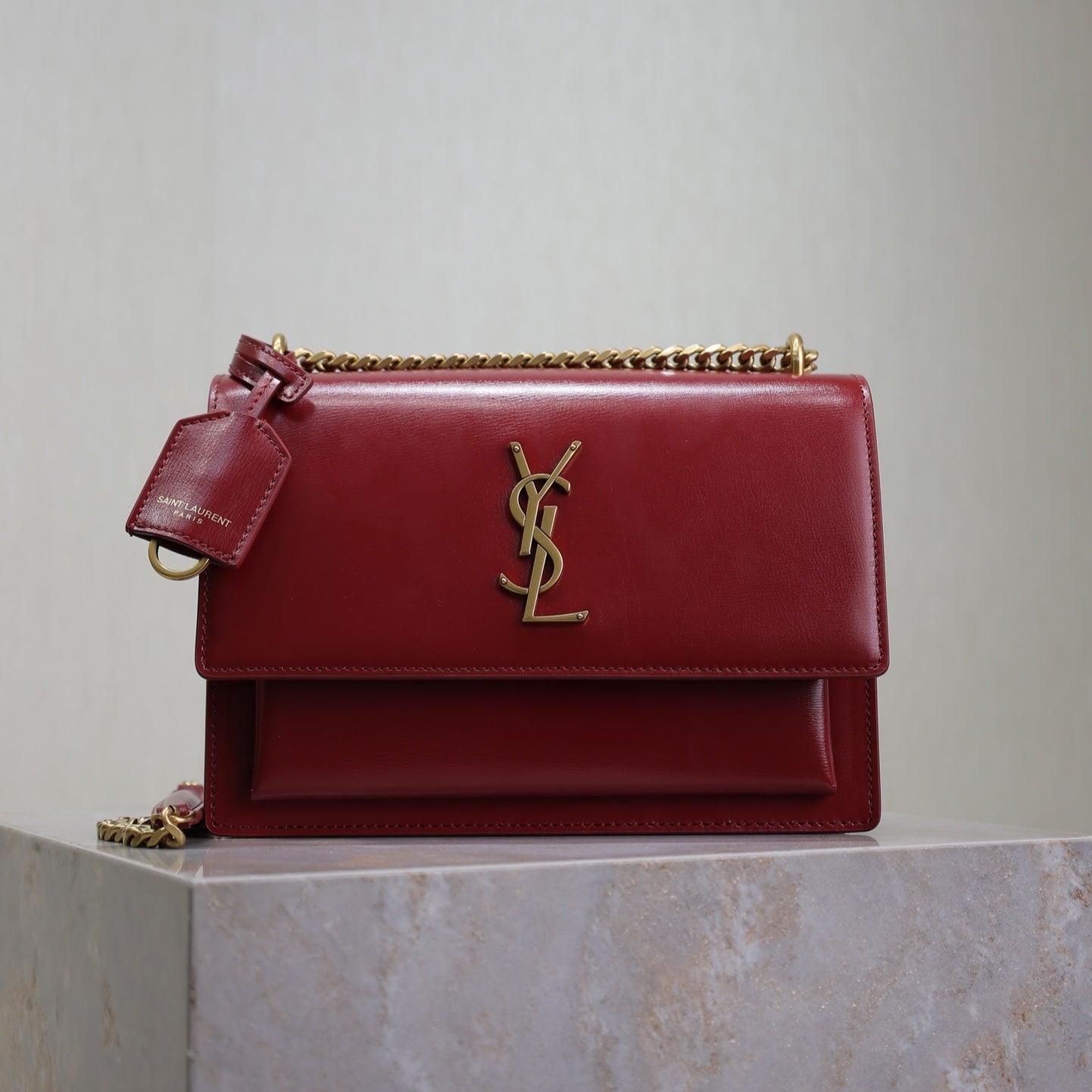 SAINT LAURENT YSL 25S SUNSET BAG 22 IN CRIMSON RED CALFSKIN GOLD HARDWRE