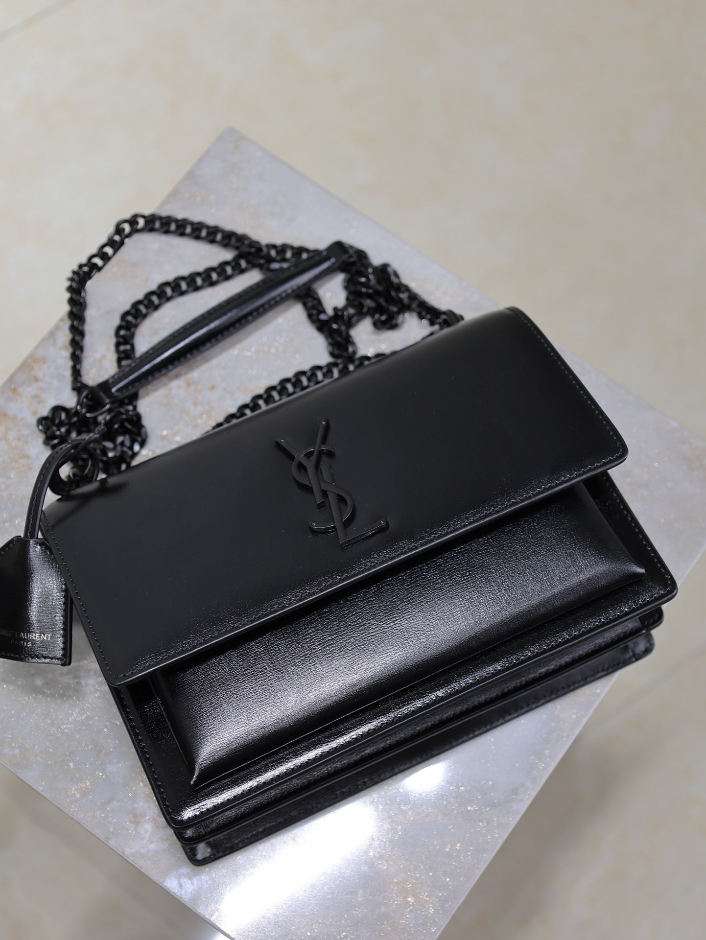 SAINT LAURENT YSL 25S SUNSET BAG 22 IN BLACK CALFSKIN BLACK HARDWRE