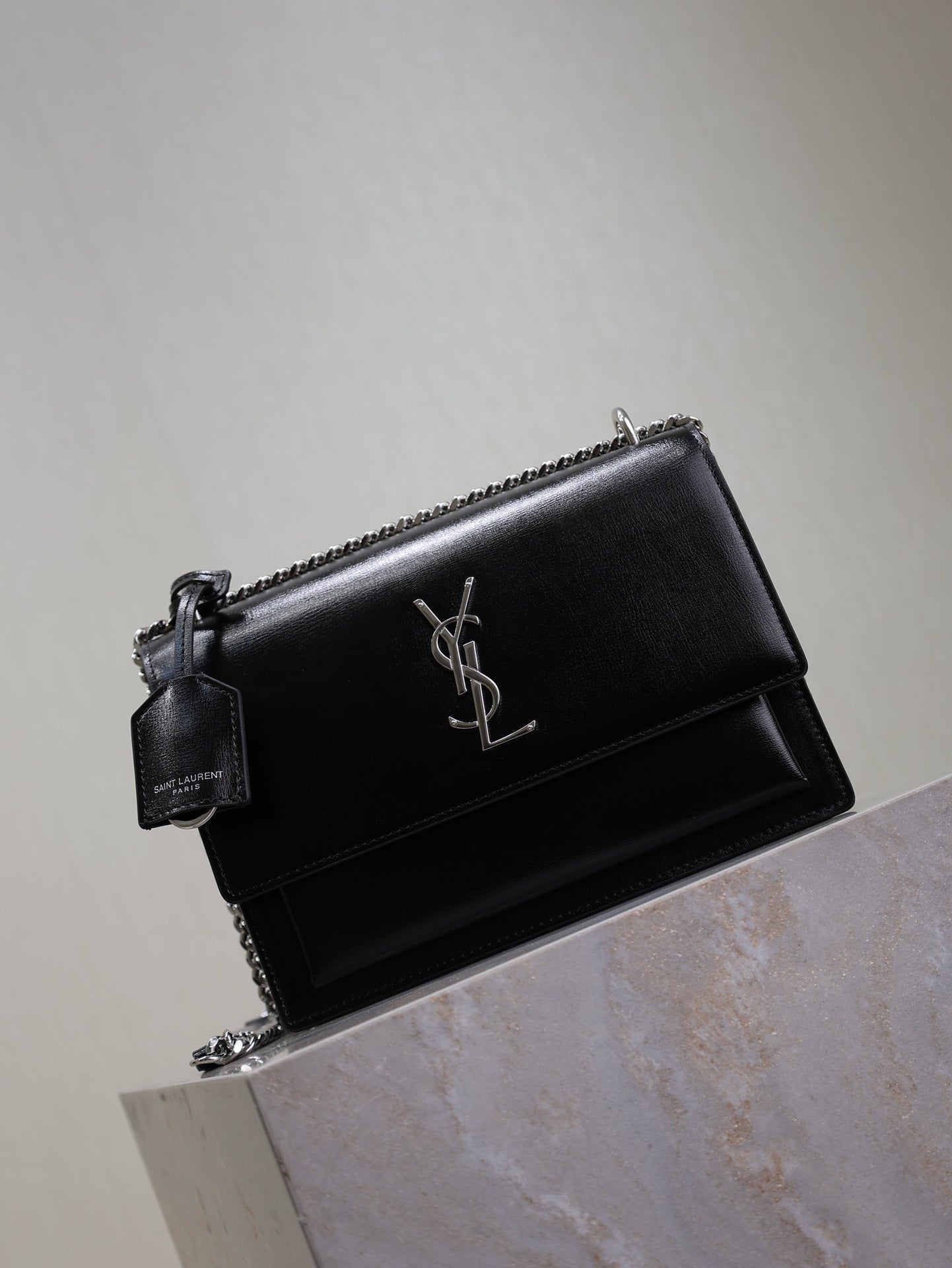SAINT LAURENT YSL 25S SUNSET BAG 22 IN BLACK CALFSKIN SILVER HARDWRE