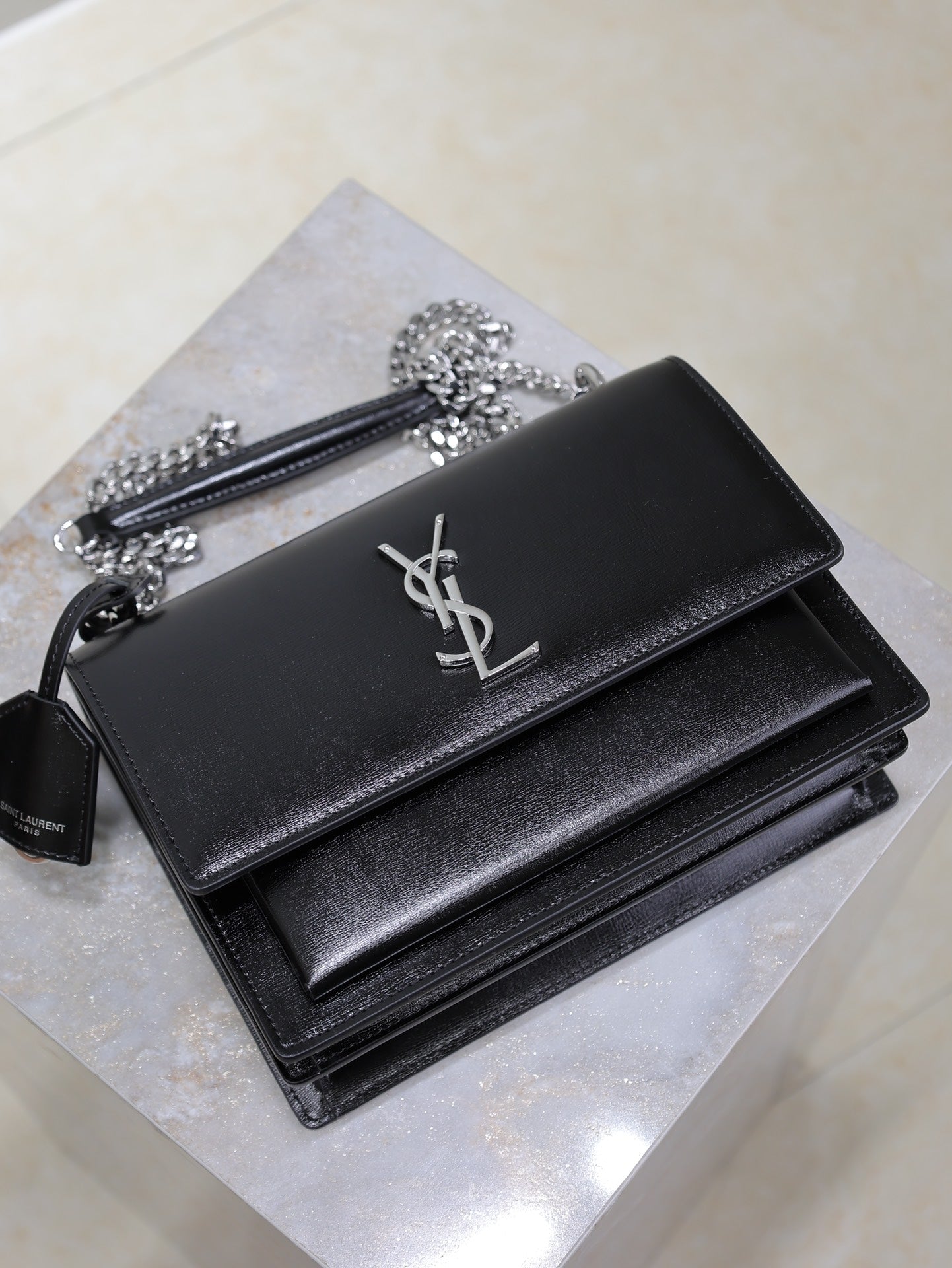 SAINT LAURENT YSL 25S SUNSET BAG 22 IN BLACK CALFSKIN SILVER HARDWRE