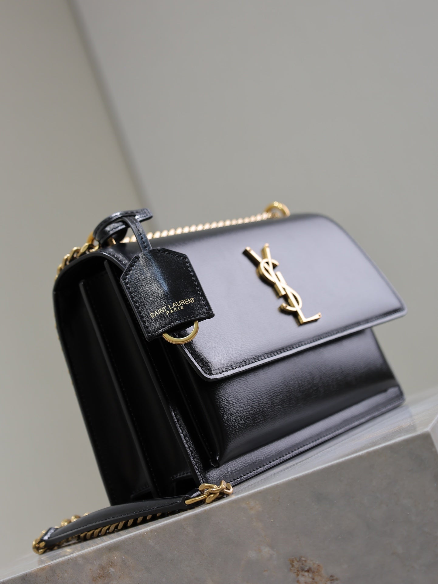 SAINT LAURENT YSL 25S SUNSET BAG 22 IN BLACK CALFSKIN GOLD HARDWRE