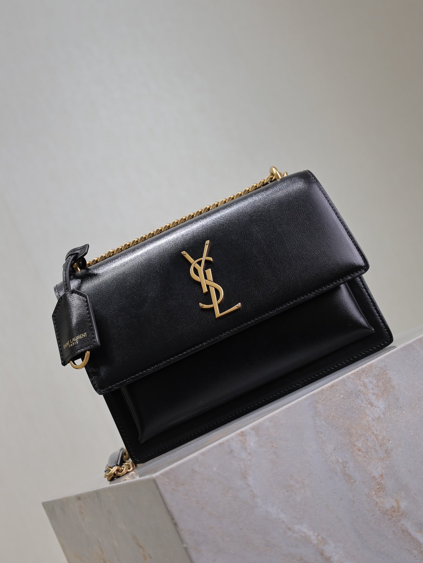 SAINT LAURENT YSL 25S SUNSET BAG 22 IN BLACK CALFSKIN GOLD HARDWRE