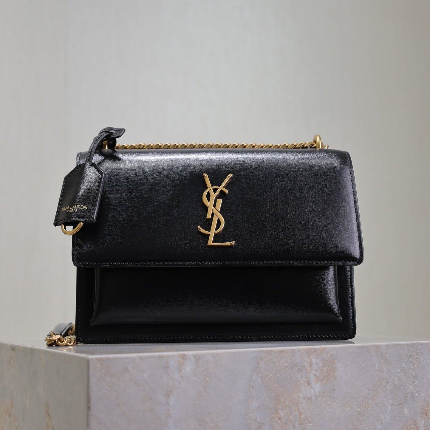 SAINT LAURENT YSL 25S SUNSET BAG 22 IN BLACK CALFSKIN GOLD HARDWRE