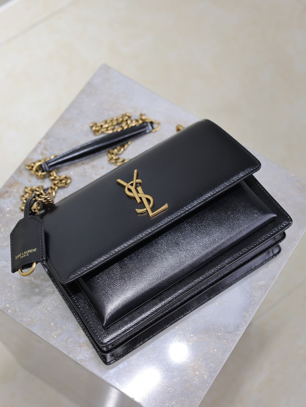 SAINT LAURENT YSL 25S SUNSET BAG 22 IN BLACK CALFSKIN GOLD HARDWARE