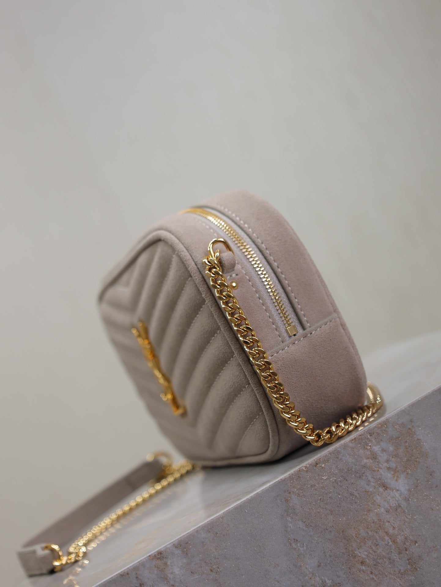 SAINT LAURENT LOU MINI CAMERA BAG 18 IN SILVER PINK SUEDE GOLD HARDWARE