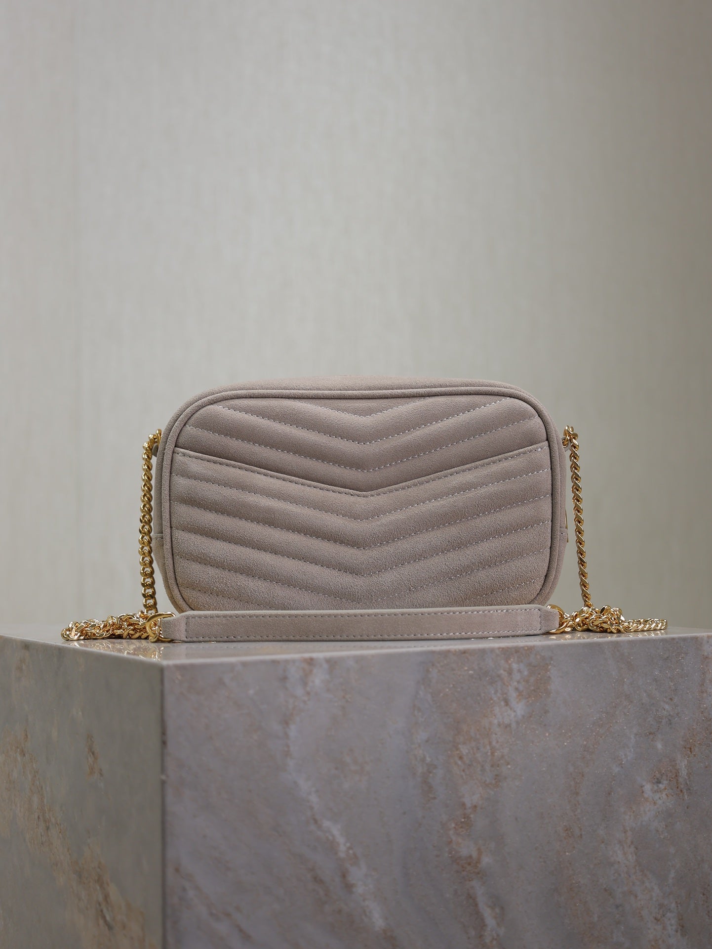 SAINT LAURENT LOU MINI CAMERA BAG 18 IN SILVER PINK SUEDE GOLD HARDWARE