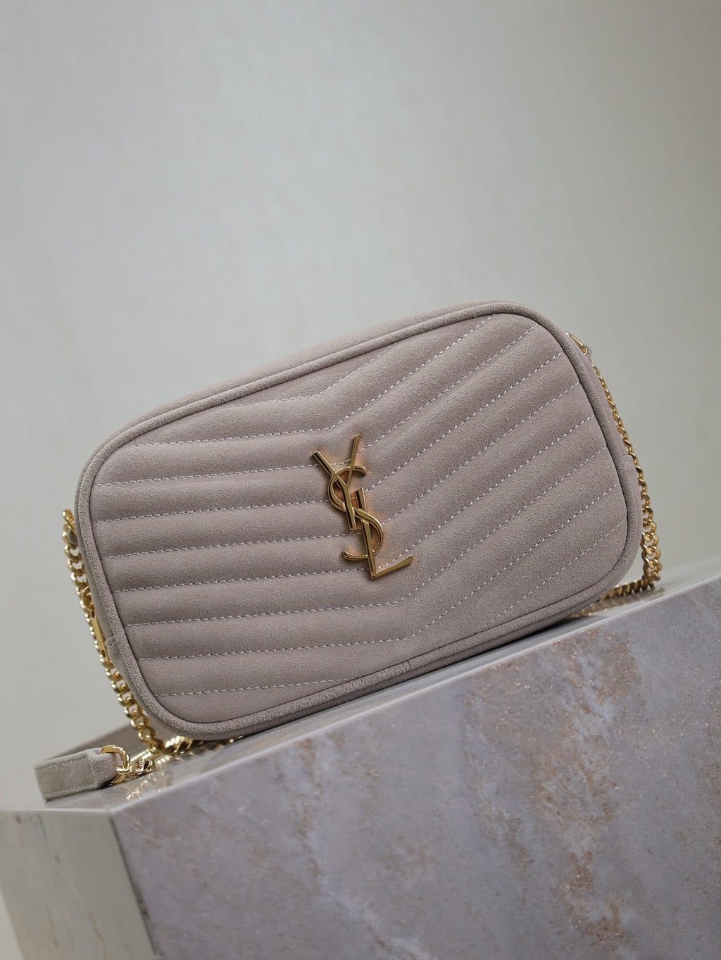 SAINT LAURENT LOU MINI CAMERA BAG 18 IN SILVER PINK SUEDE GOLD HARDWARE