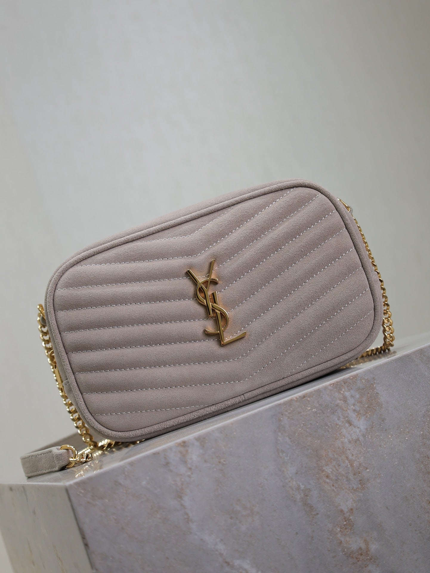 SAINT LAURENT LOU MINI CAMERA BAG 18 IN SILVER PINK SUEDE GOLD HARDWARE
