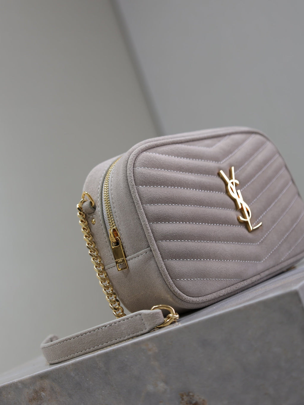 SAINT LAURENT LOU MINI CAMERA BAG 18 IN SILVER PINK SUEDE GOLD HARDWARE