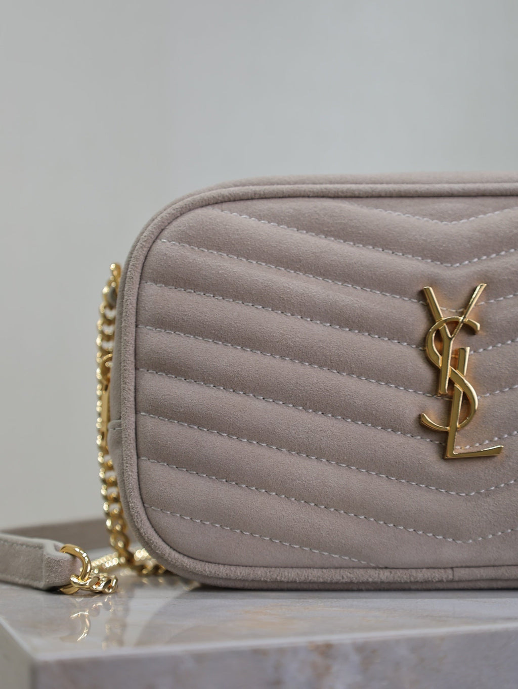 SAINT LAURENT LOU MINI CAMERA BAG 18 IN SILVER PINK SUEDE GOLD HARDWARE