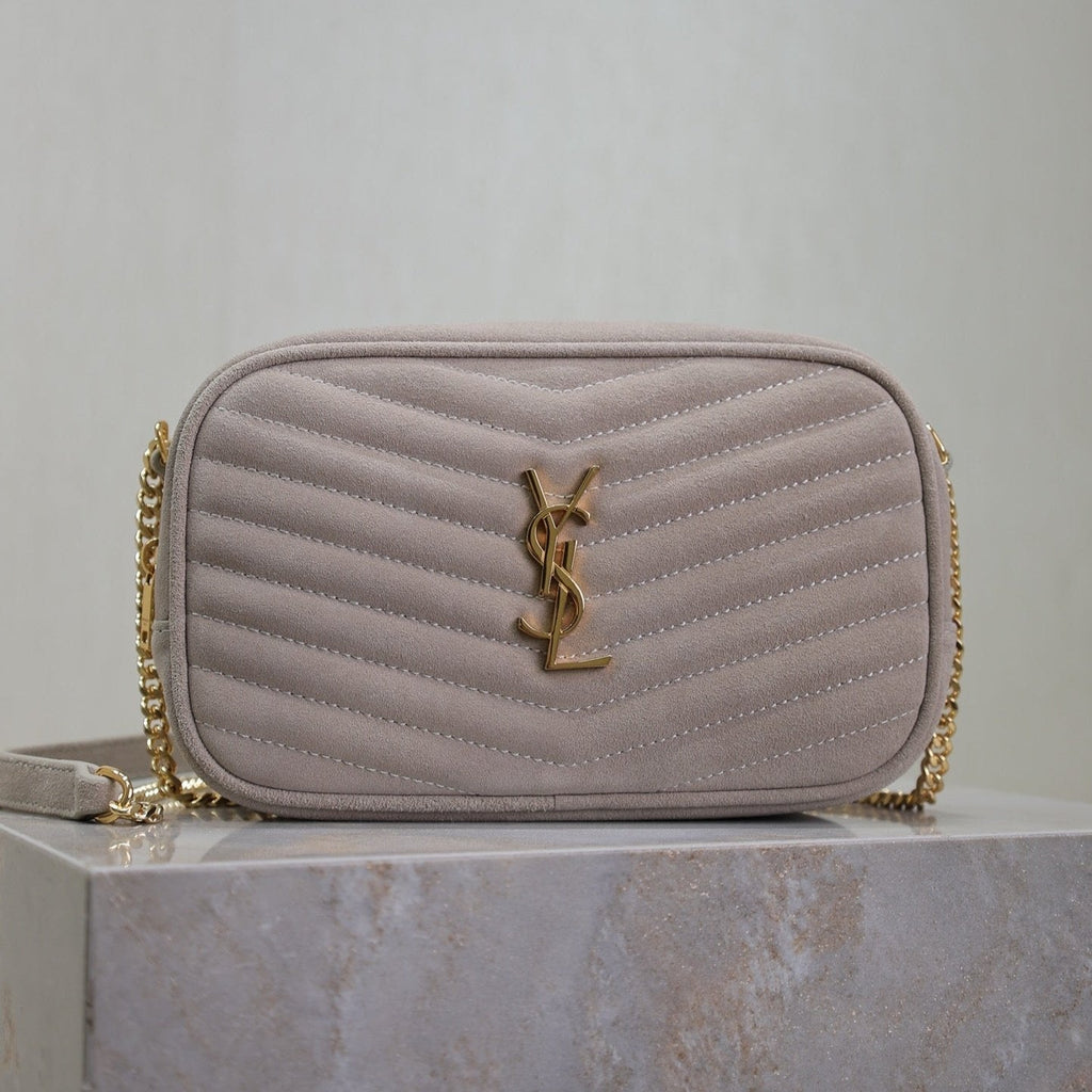SAINT LAURENT LOU MINI CAMERA BAG 18 IN SILVER PINK SUEDE GOLD HARDWARE