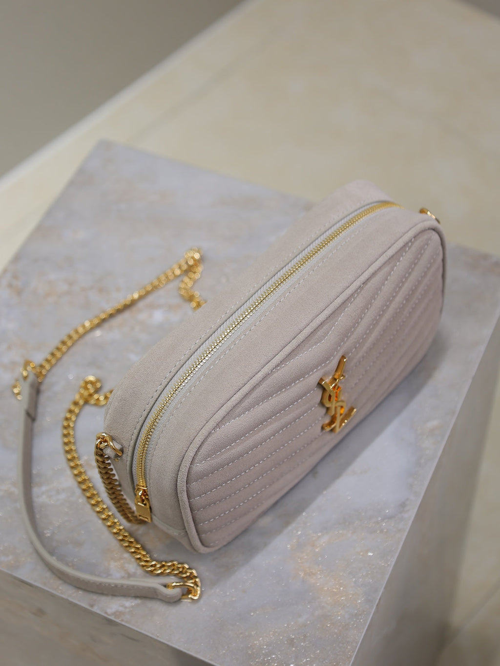 SAINT LAURENT LOU MINI CAMERA BAG 18 IN SILVER PINK SUEDE GOLD HARDWARE