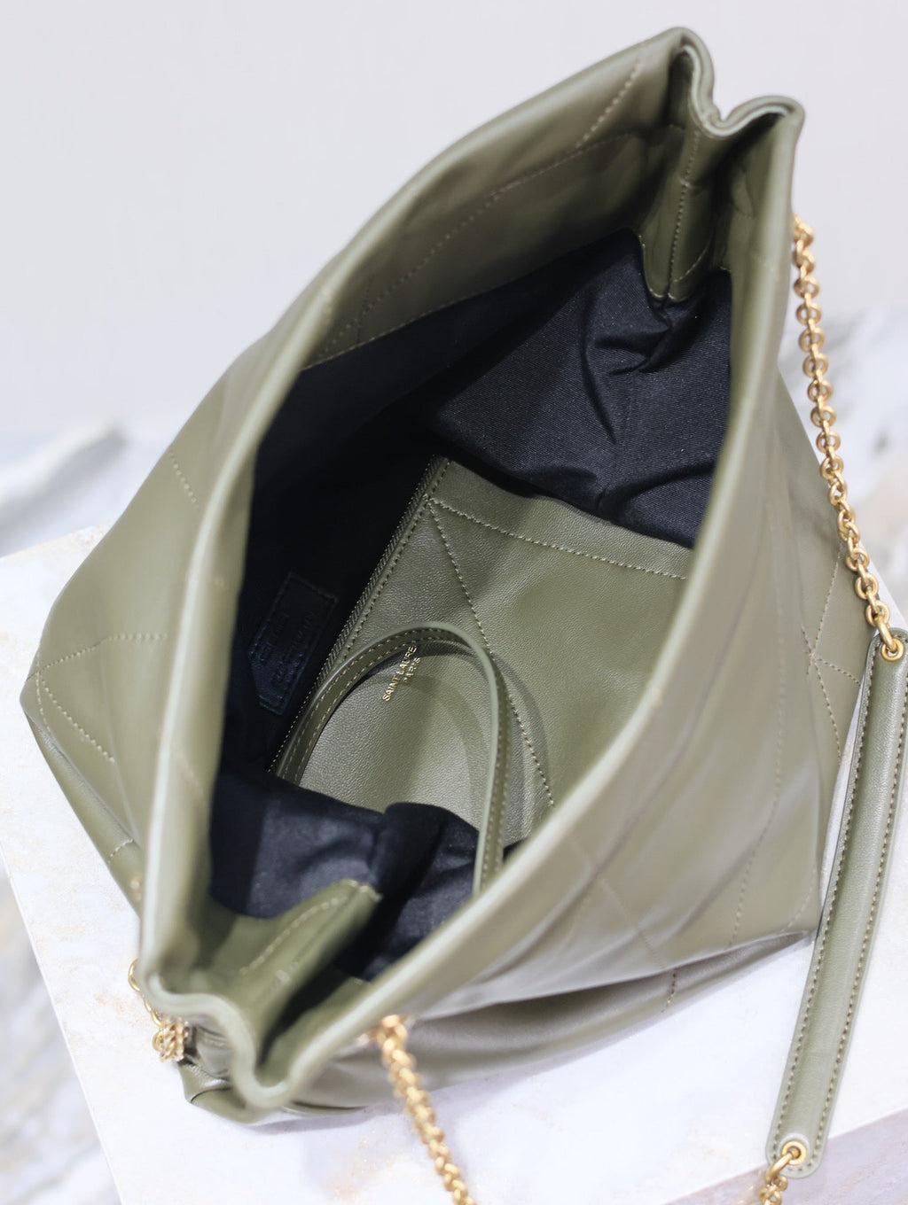 SAINT LAURENT JAMIE POCHON 38 IN ARMY GREEN LAMBSKIN GOLD HARDWARE