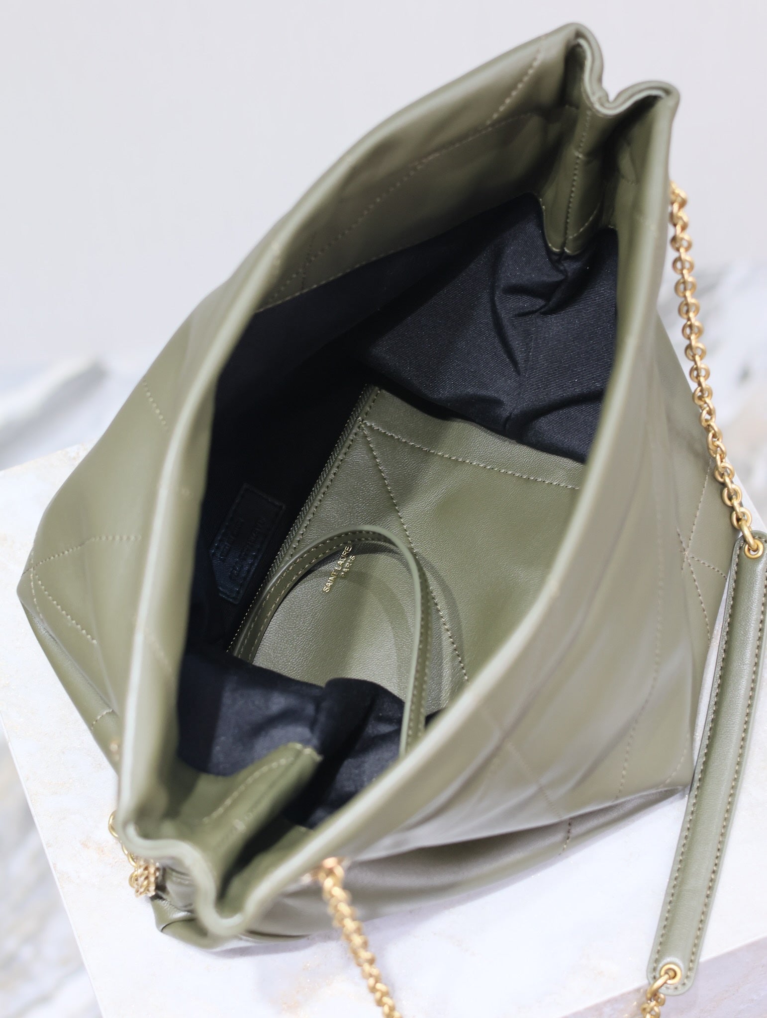 SAINT LAURENT JAMIE POCHON 38 IN ARMY GREEN LAMBSKIN GOLD HARDWARE