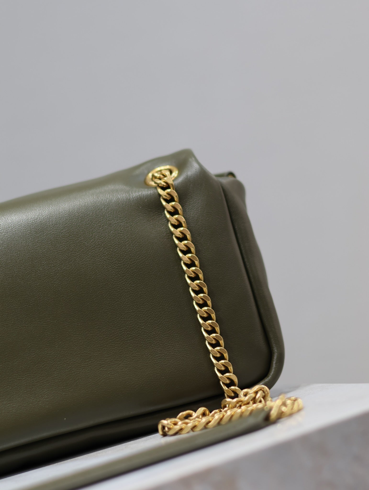 SAINT LAURENT CALYPSO CHAIN BAG 26 IN ARMY GREEN SMOOTH LAMBSKIN