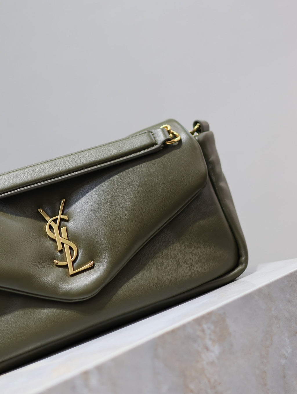 SAINT LAURENT CALYPSO CHAIN BAG 26 IN ARMY GREEN SMOOTH LAMBSKIN