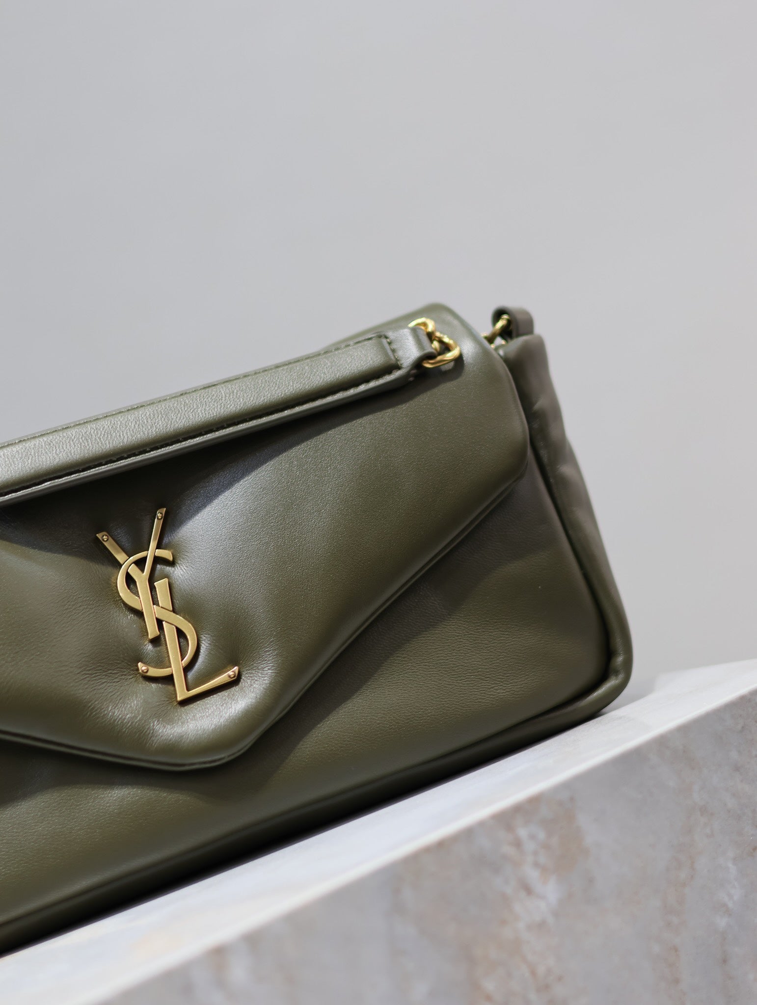 SAINT LAURENT CALYPSO CHAIN BAG 26 IN ARMY GREEN SMOOTH LAMBSKIN
