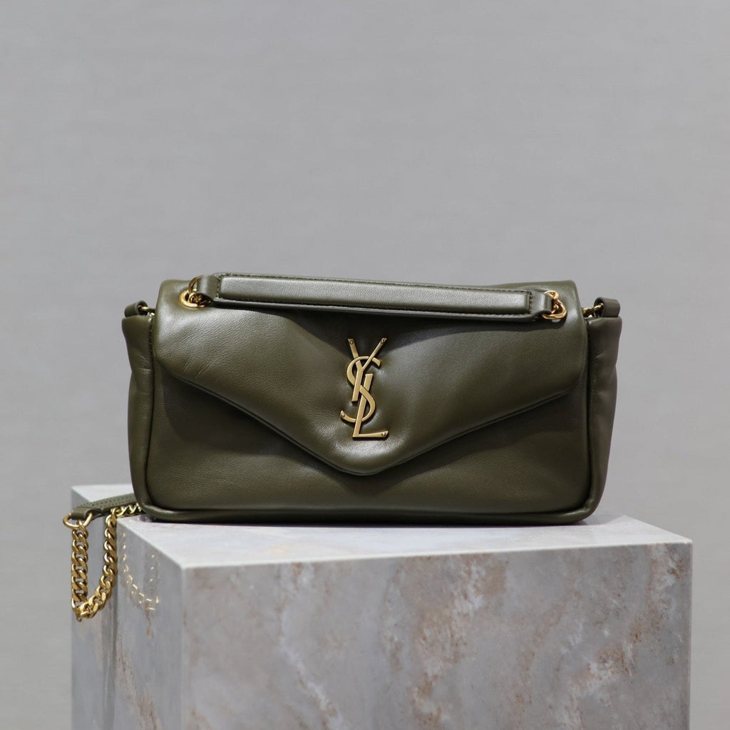 SAINT LAURENT CALYPSO CHAIN BAG 26 IN ARMY GREEN SMOOTH LAMBSKIN