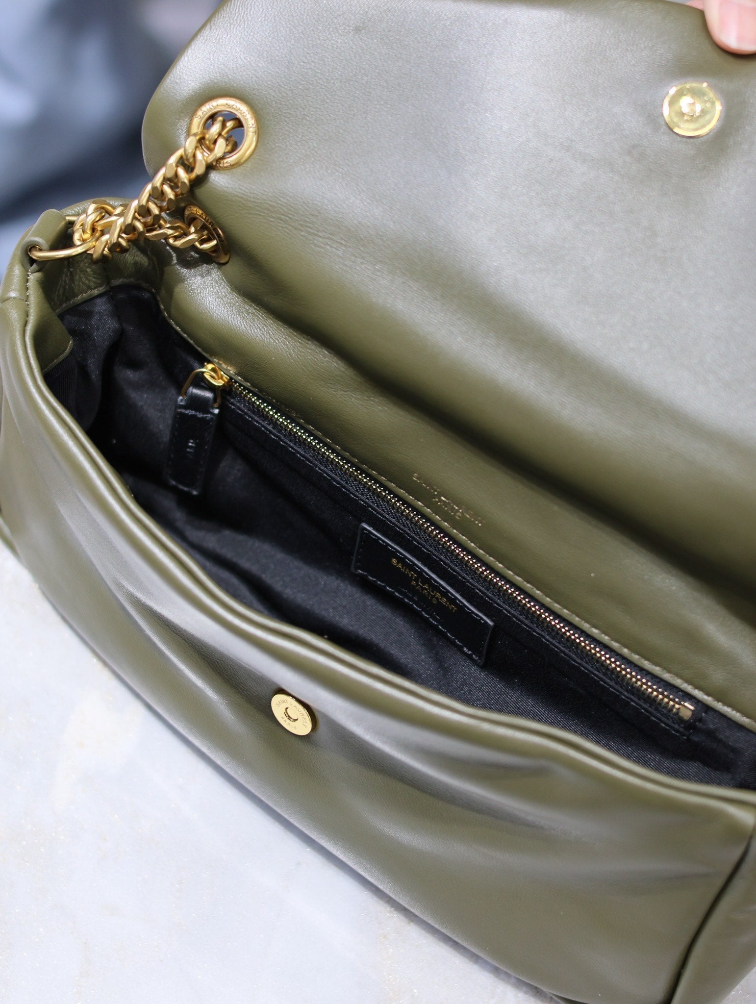 SAINT LAURENT CALYPSO CHAIN BAG 26 IN ARMY GREEN SMOOTH LAMBSKIN