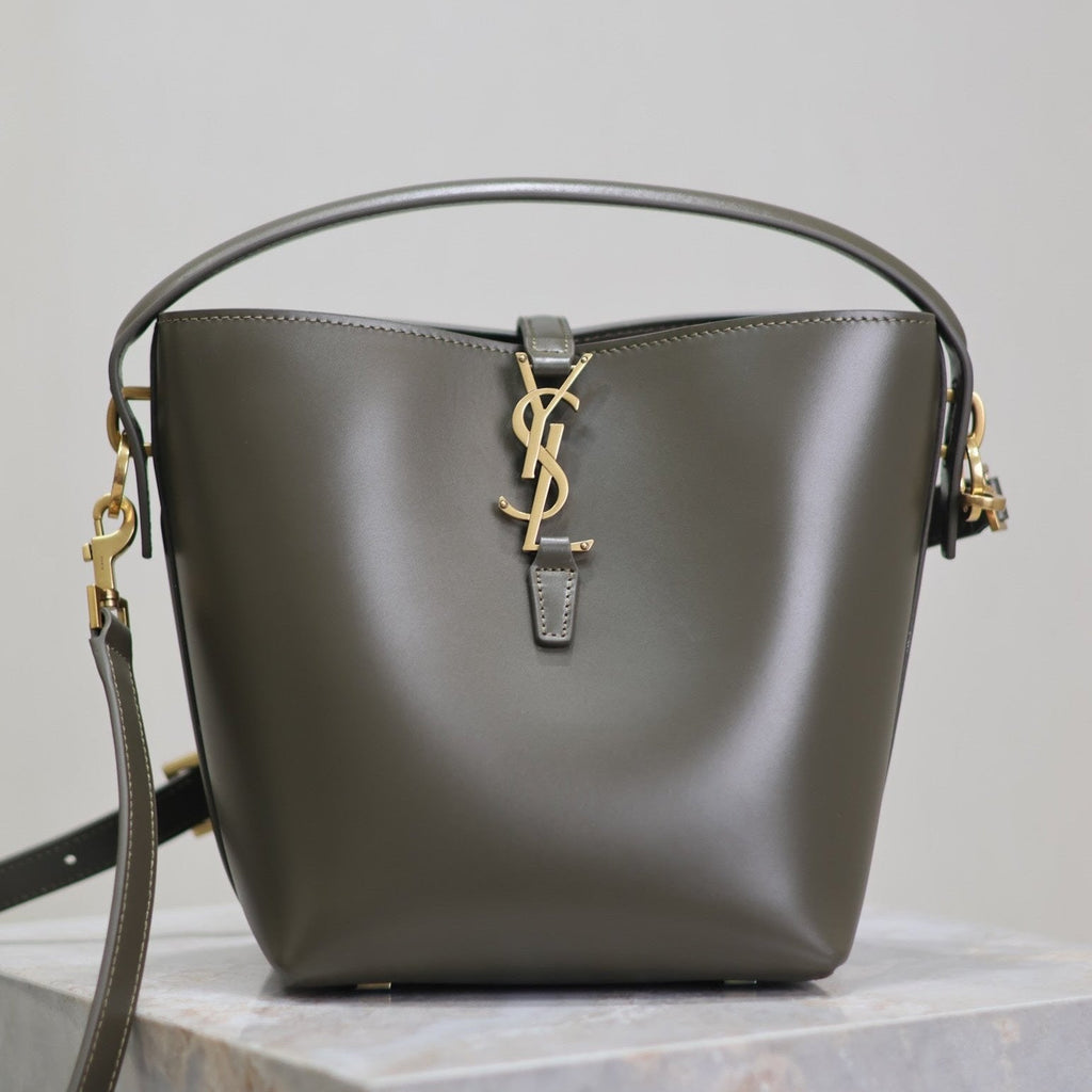 SAINT LAURENT LE 37 SMALL BUCKET BAG 20 IN KHAKI GREEN CALFSKIN GOLD HARDWARE