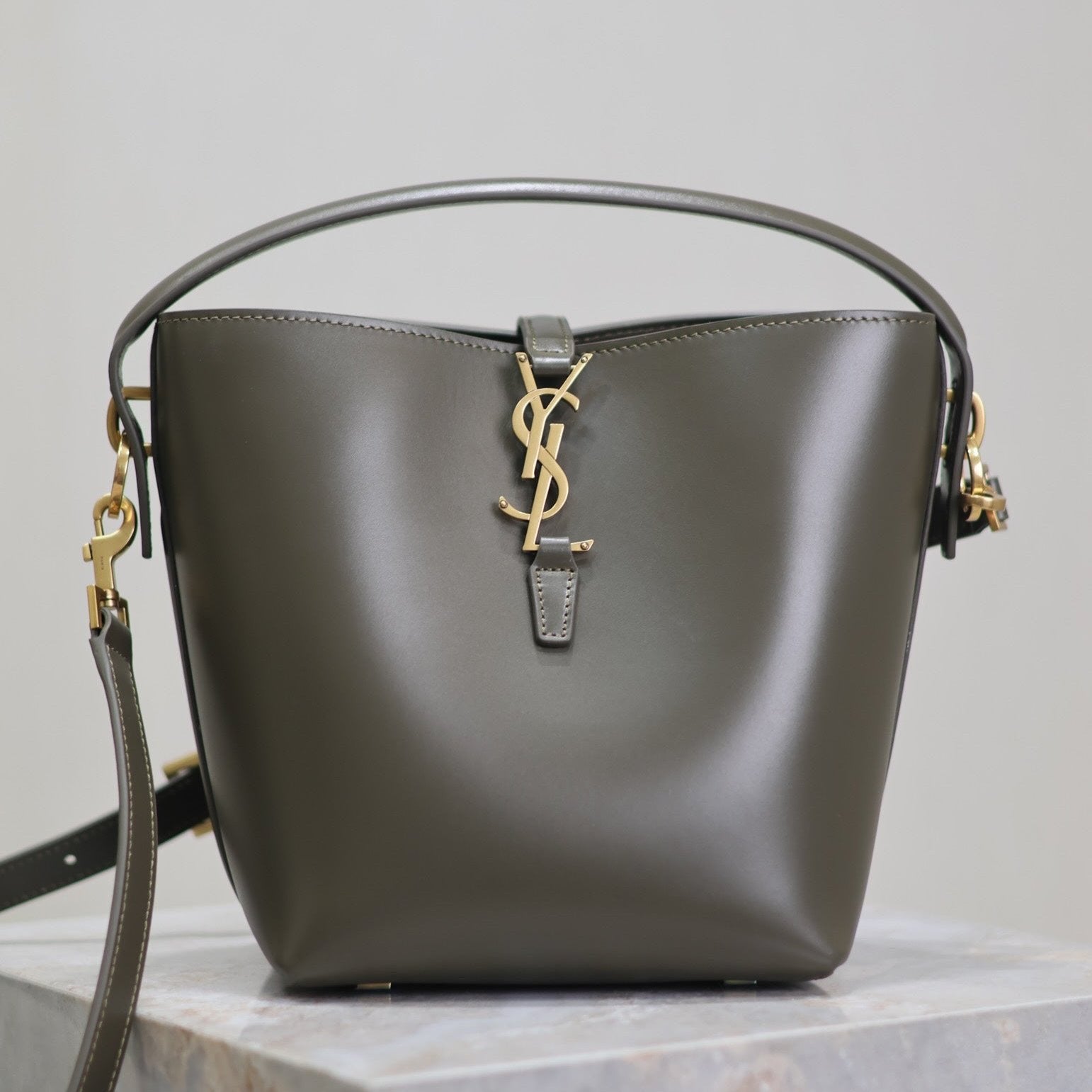 SAINT LAURENT LE 37 SMALL BUCKET BAG 20 IN KHAKI GREEN CALFSKIN GOLD HARDWARE