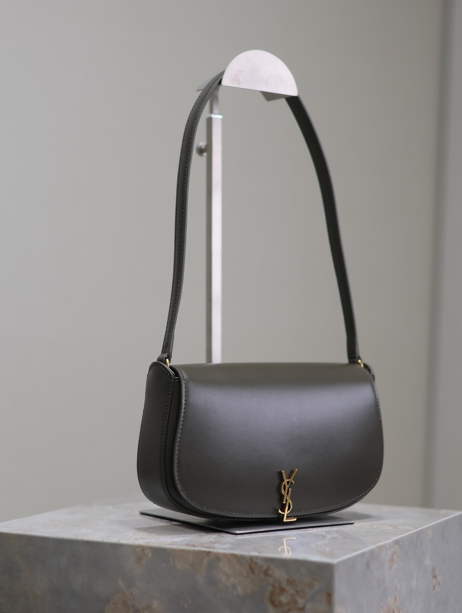 SAINT LAURENT MINI VOLTAIRE IN BOX 17 IN KOMBU GREEN CALFSKIN GOLD LOGO