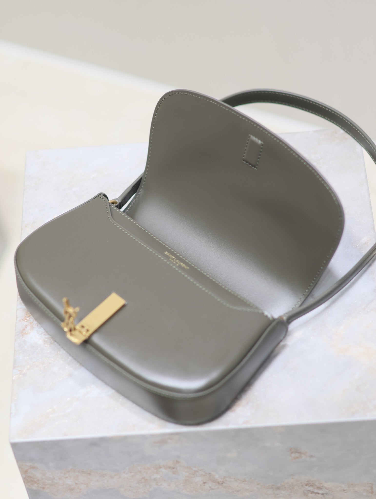 SAINT LAURENT MINI VOLTAIRE IN BOX 17 IN KOMBU GREEN CALFSKIN GOLD LOGO