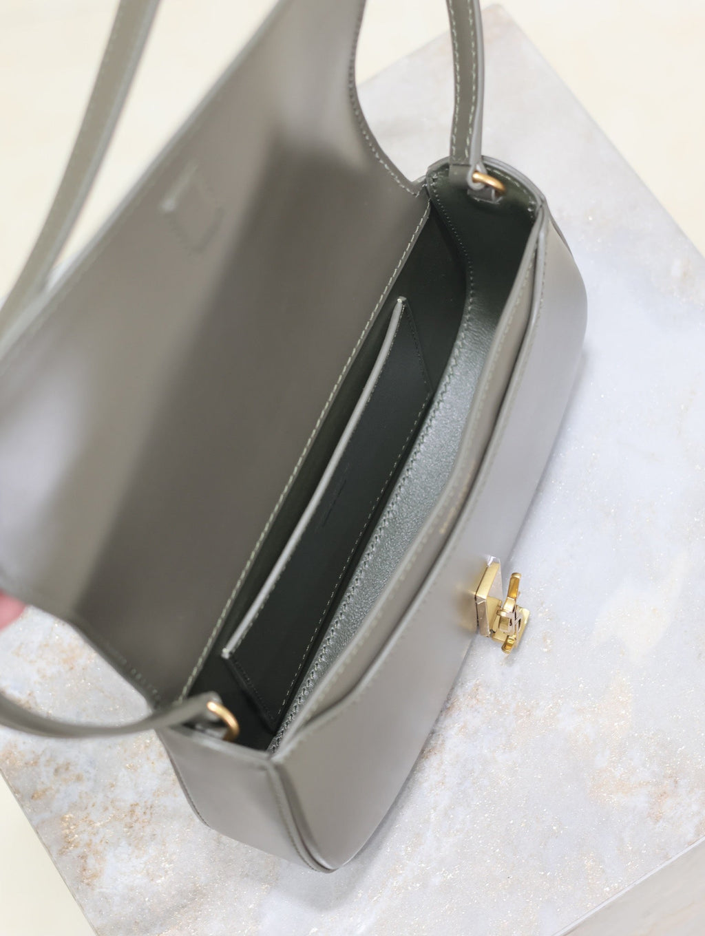 SAINT LAURENT MINI VOLTAIRE IN BOX 17 IN KOMBU GREEN CALFSKIN GOLD LOGO