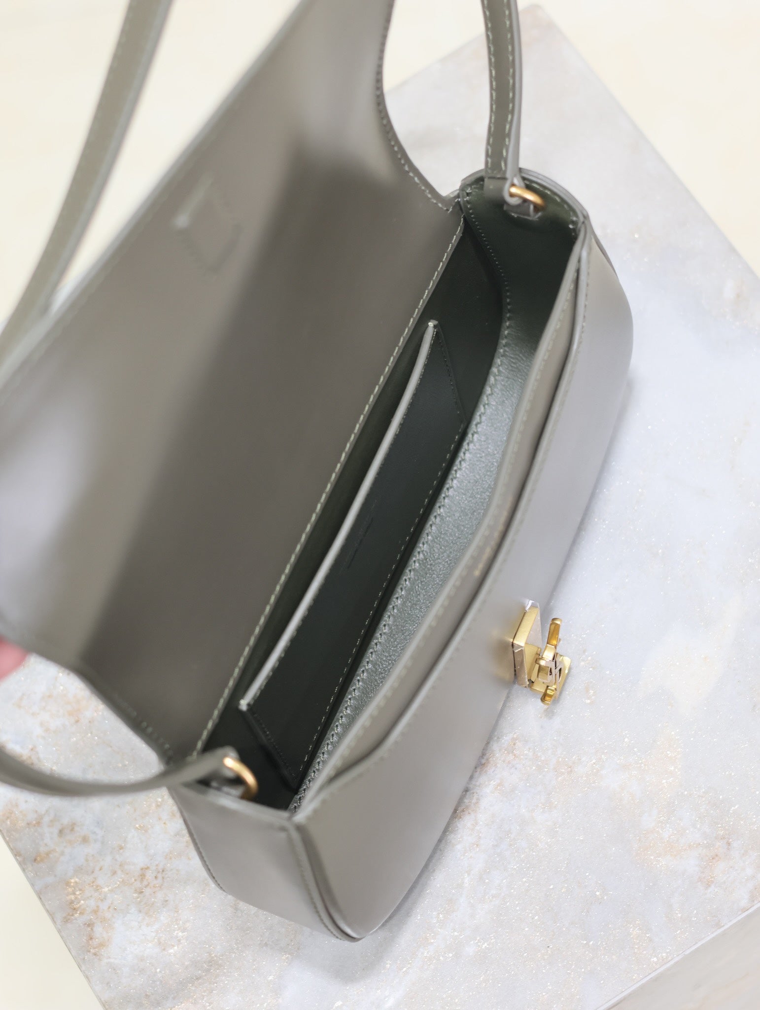 SAINT LAURENT MINI VOLTAIRE IN BOX 17 IN KOMBU GREEN CALFSKIN GOLD LOGO