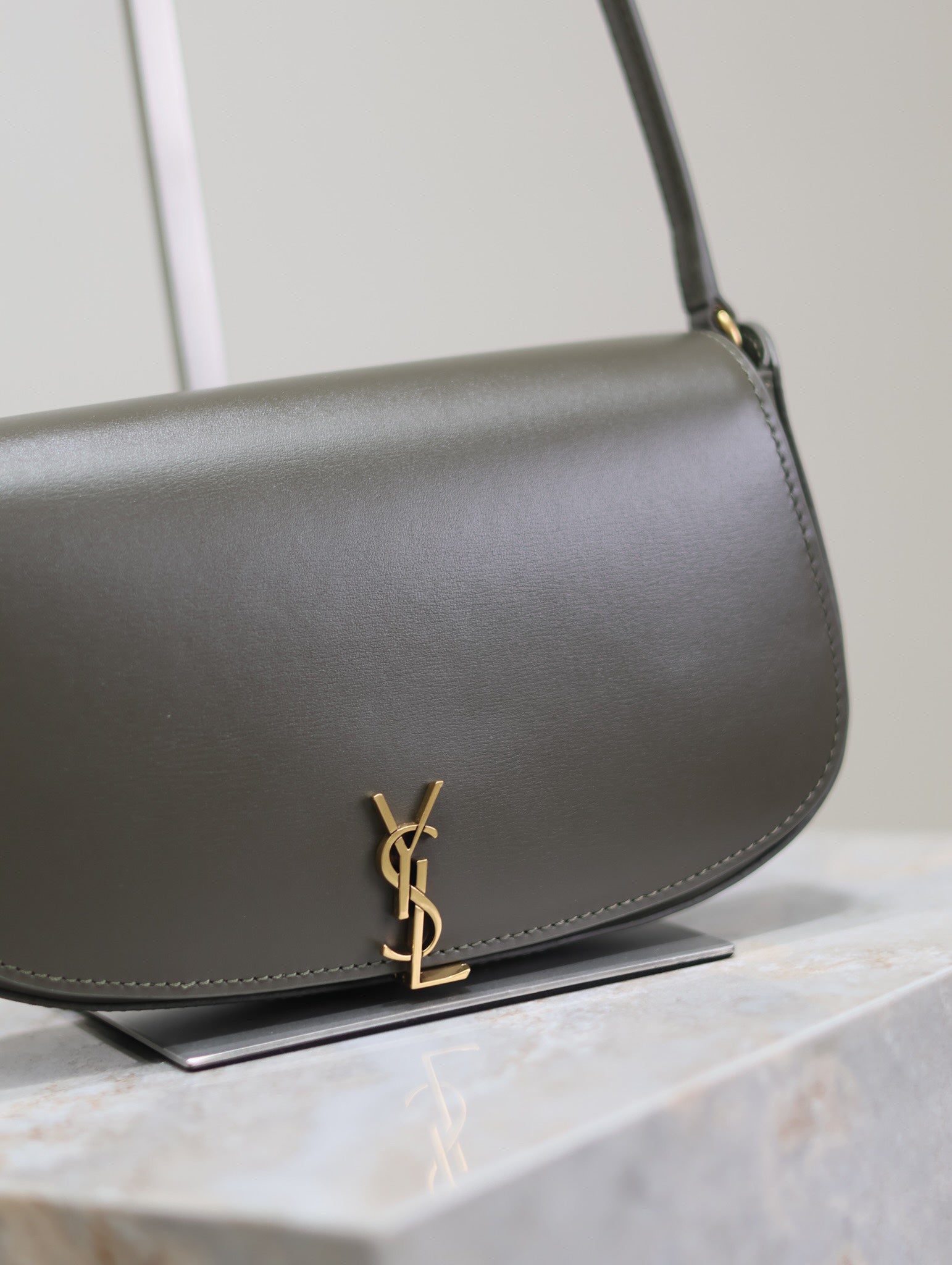 SAINT LAURENT MINI VOLTAIRE IN BOX 17 IN KOMBU GREEN CALFSKIN GOLD LOGO