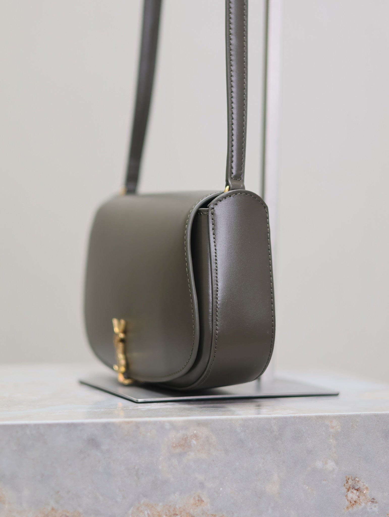 SAINT LAURENT MINI VOLTAIRE IN BOX 17 IN KOMBU GREEN CALFSKIN GOLD LOGO