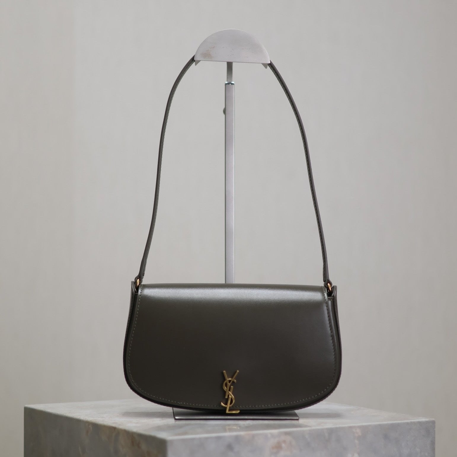 SAINT LAURENT MINI VOLTAIRE IN BOX 17 IN KOMBU GREEN CALFSKIN GOLD LOGO