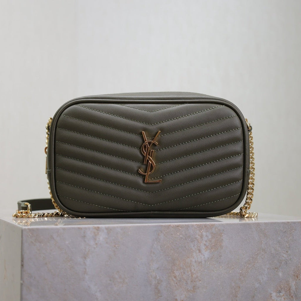 SAINT LAURENT LOU MINI CAMERA BAG 18 IN KOMBU GREEN QUILTED CALFSKIN