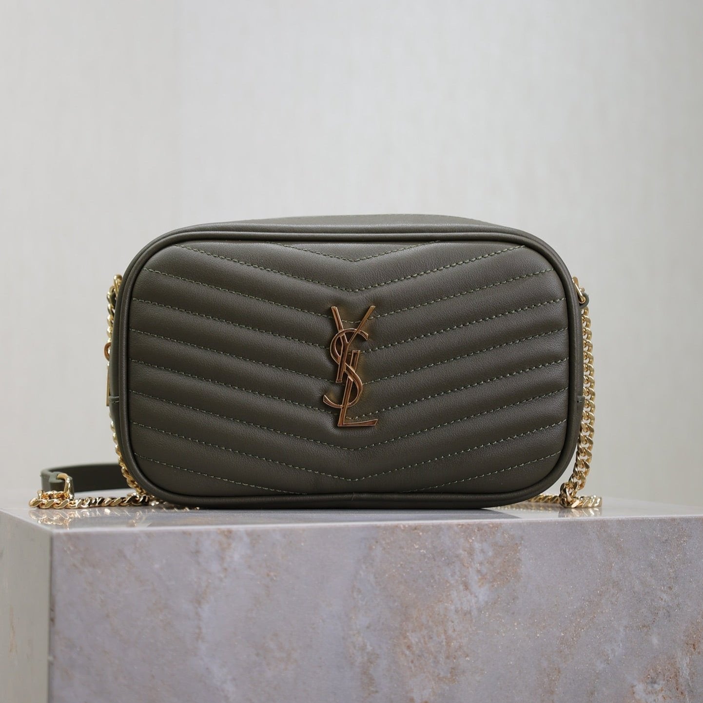 SAINT LAURENT LOU MINI CAMERA BAG 18 IN KOMBU GREEN QUILTED CALFSKIN