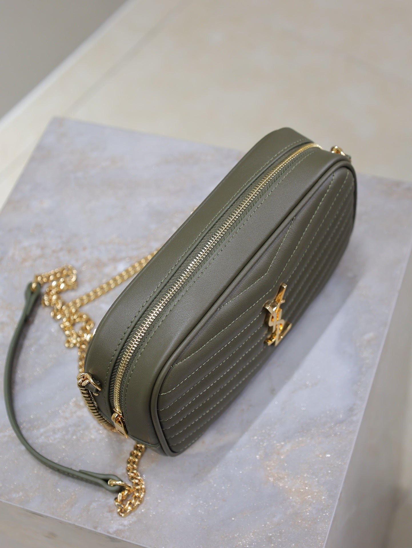 SAINT LAURENT LOU MINI CAMERA BAG 18 IN KOMBU GREEN QUILTED CALFSKIN