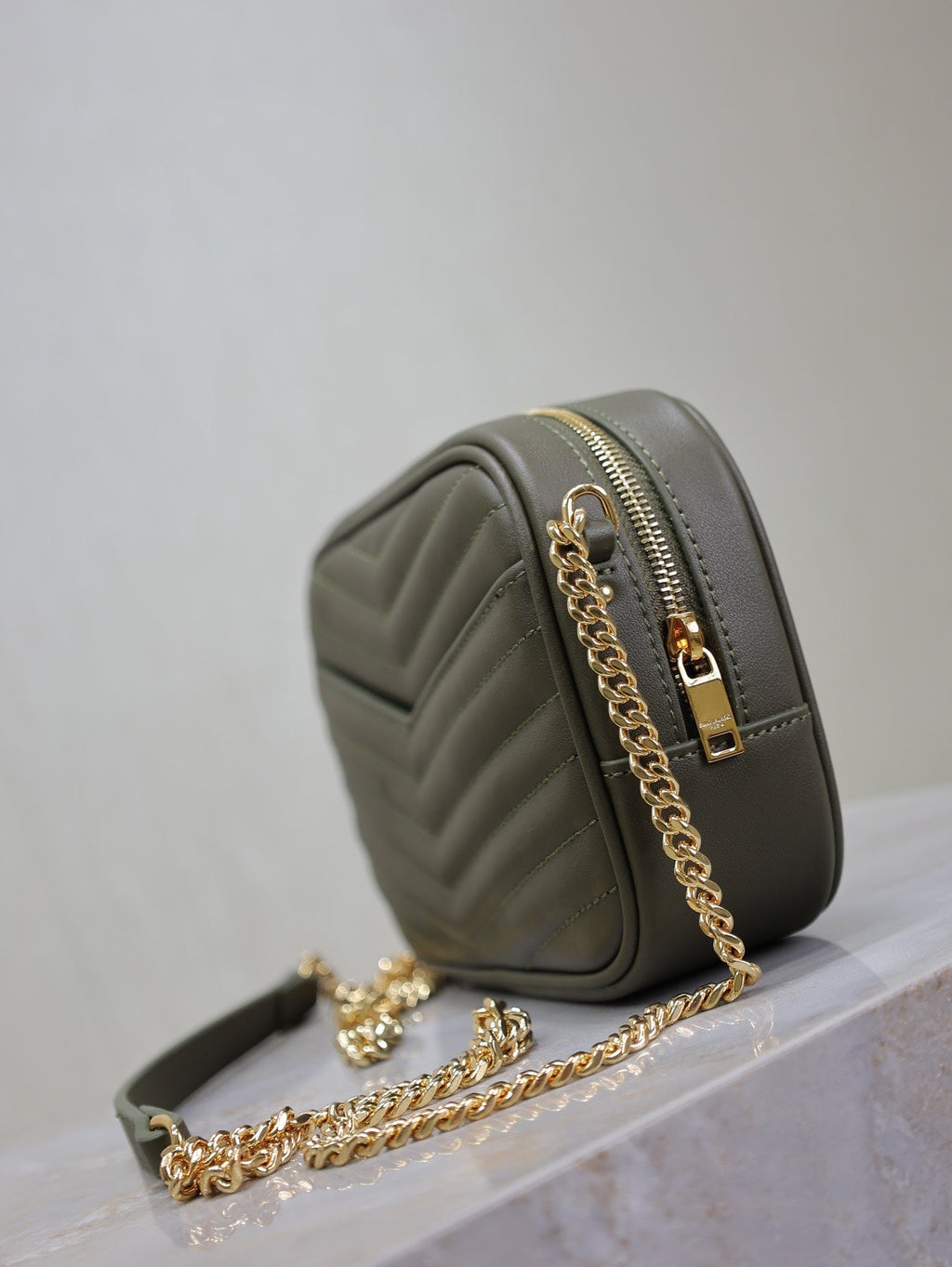 SAINT LAURENT LOU MINI CAMERA BAG 18 IN KOMBU GREEN QUILTED CALFSKIN