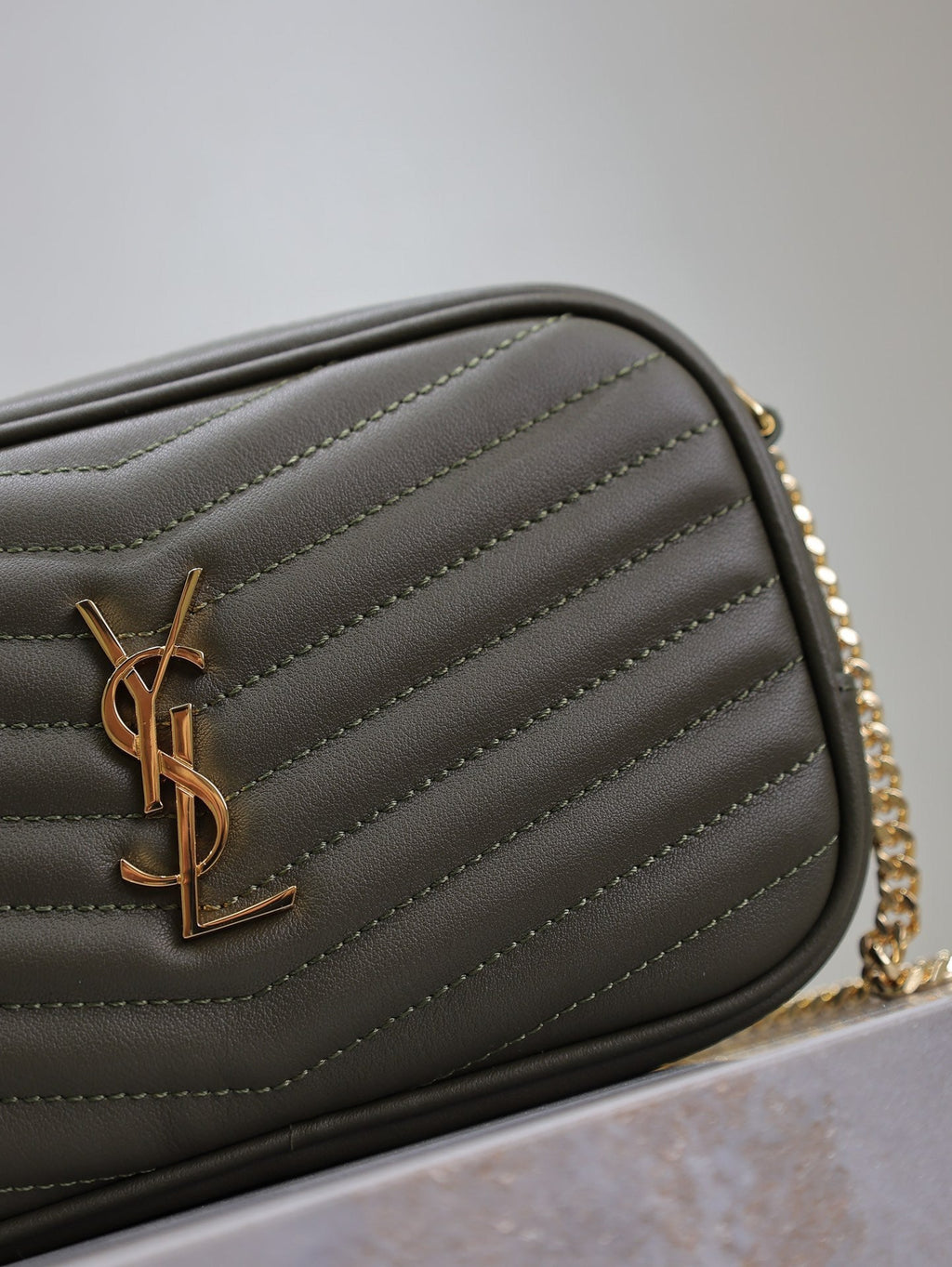 SAINT LAURENT LOU MINI CAMERA BAG 18 IN KOMBU GREEN QUILTED CALFSKIN