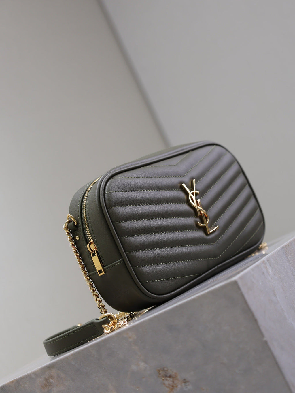 SAINT LAURENT LOU MINI CAMERA BAG 18 IN KOMBU GREEN QUILTED CALFSKIN