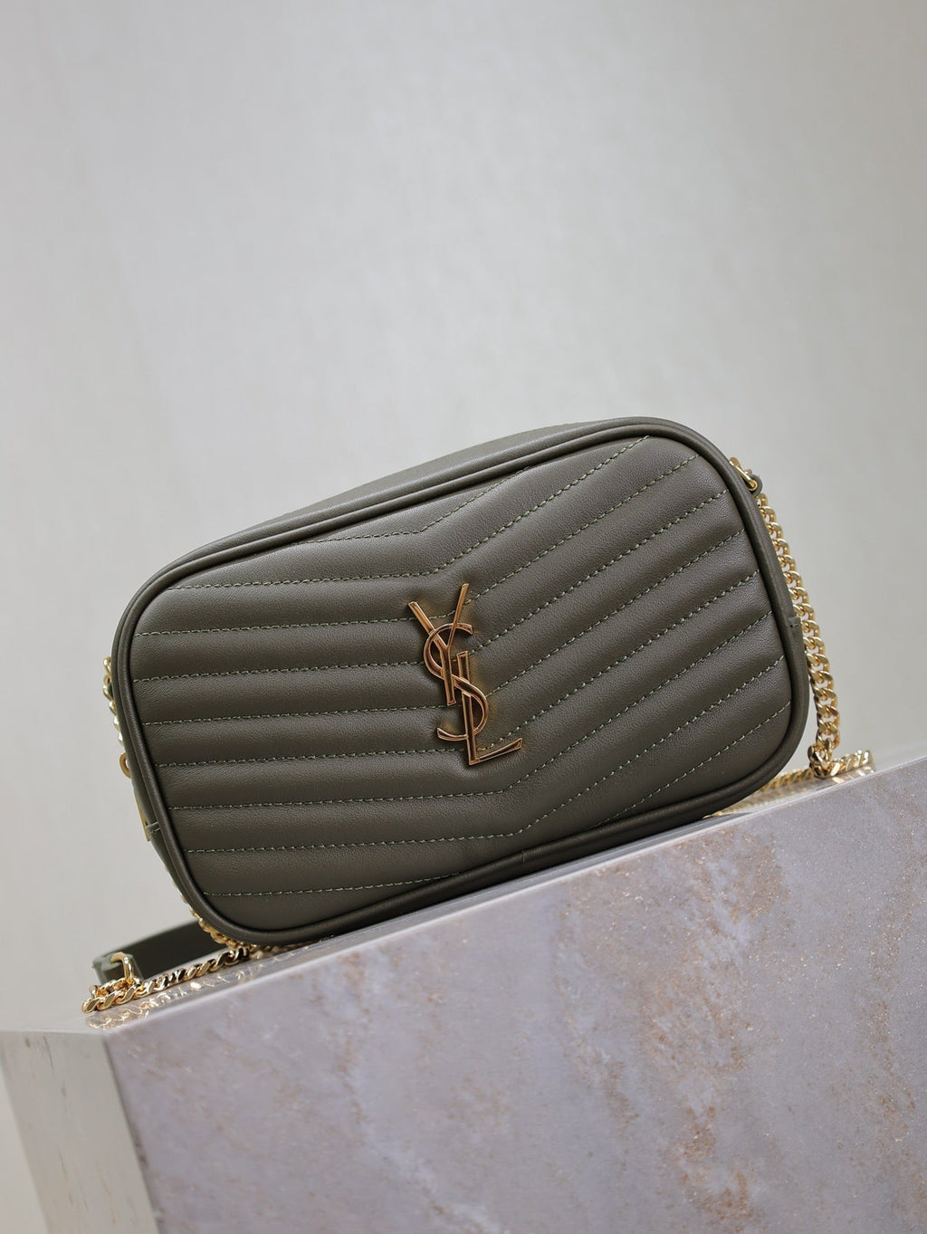 SAINT LAURENT LOU MINI CAMERA BAG 18 IN KOMBU GREEN QUILTED CALFSKIN