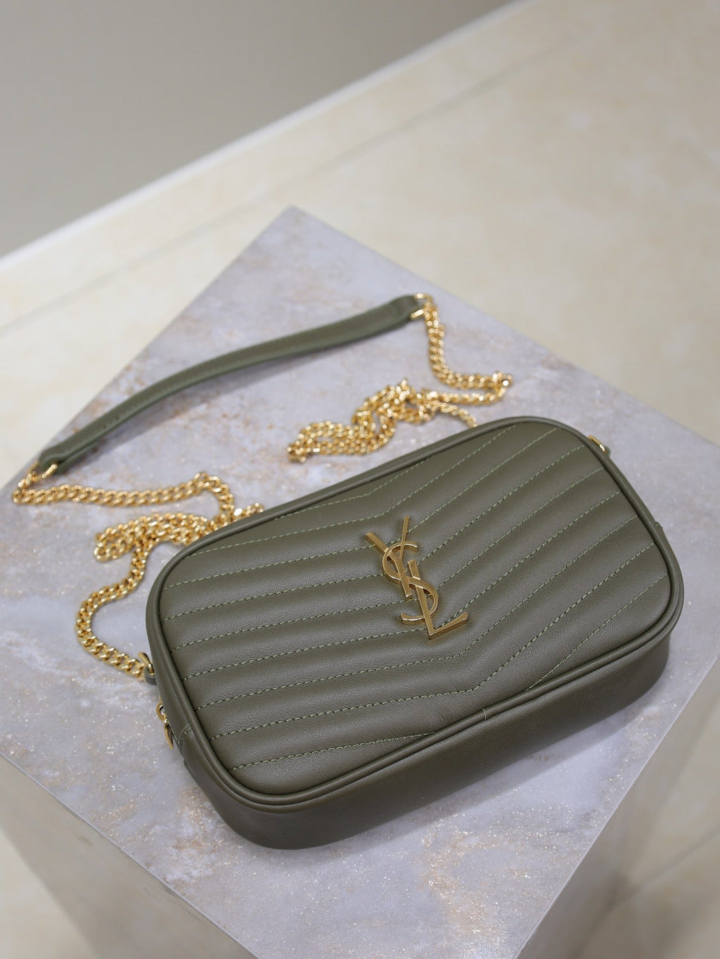 SAINT LAURENT LOU MINI CAMERA BAG 18 IN KOMBU GREEN QUILTED CALFSKIN