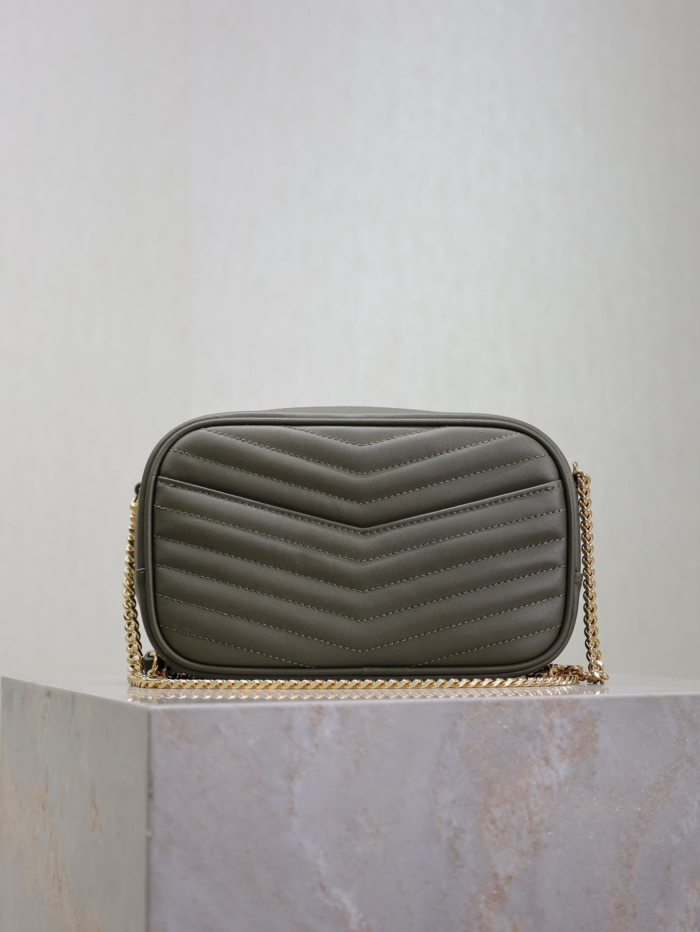 SAINT LAURENT LOU MINI CAMERA BAG 18 IN KOMBU GREEN QUILTED CALFSKIN