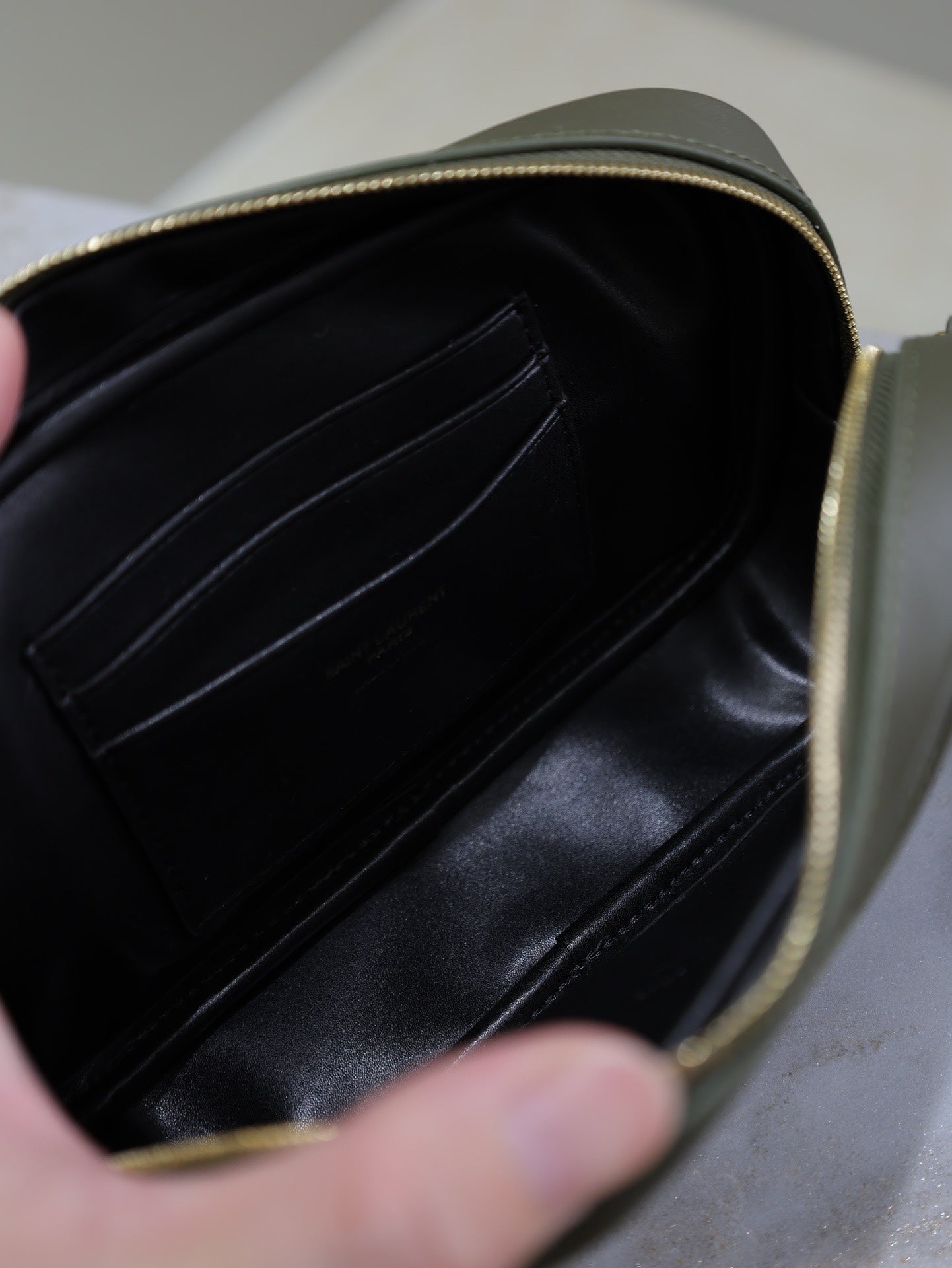 SAINT LAURENT LOU MINI CAMERA BAG 18 IN KOMBU GREEN QUILTED CALFSKIN