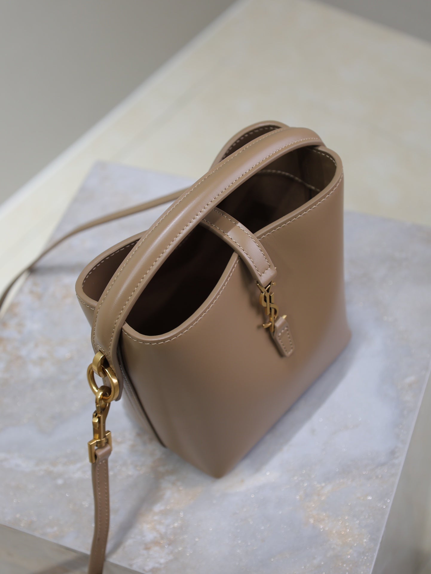 SAINT LAURENT LE 37 MINI BUCKET BAG 15 IN BROWN CALFSKIN GOLD HARDWARE