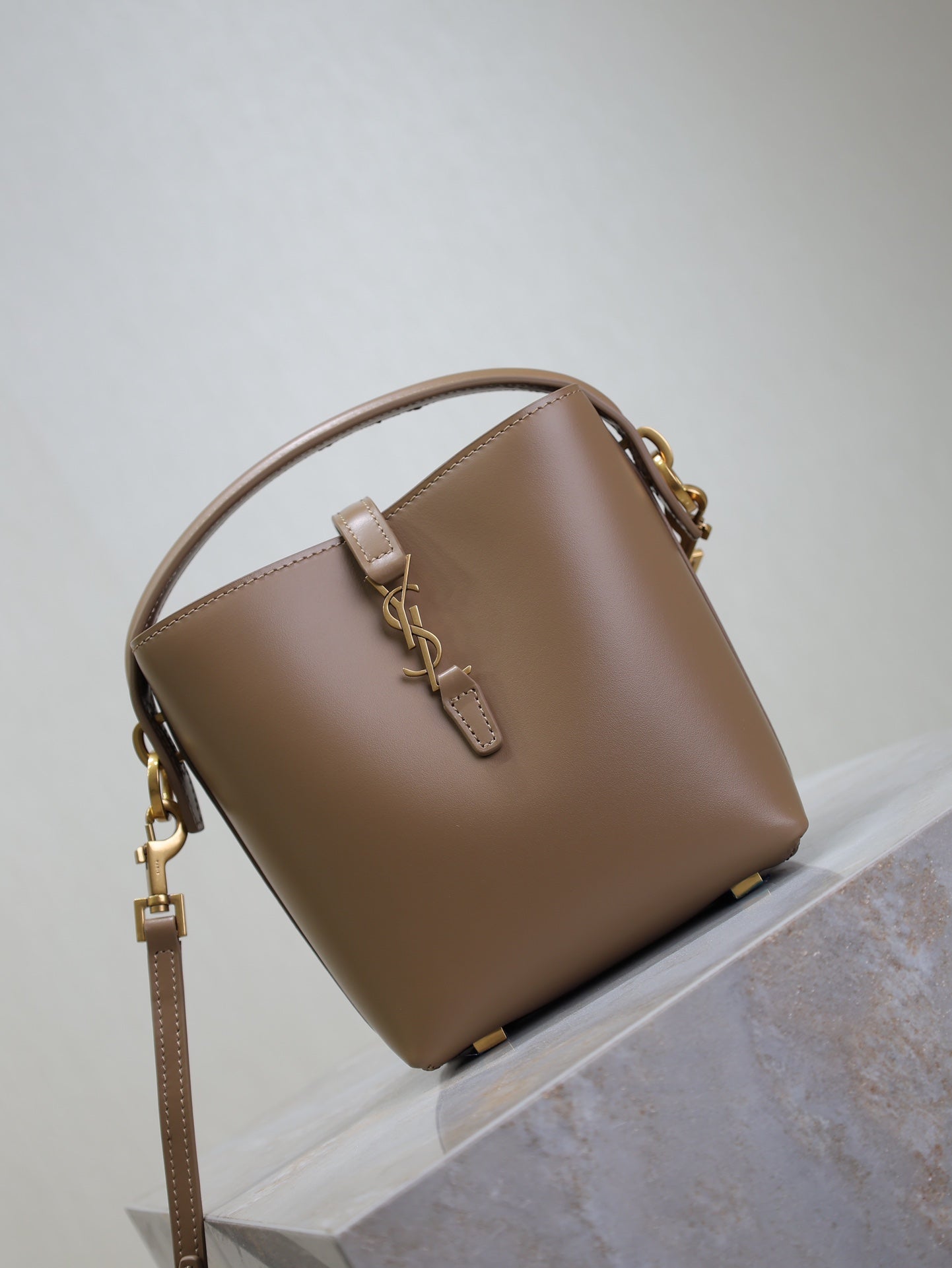 SAINT LAURENT LE 37 MINI BUCKET BAG 15 IN BROWN CALFSKIN GOLD HARDWARE