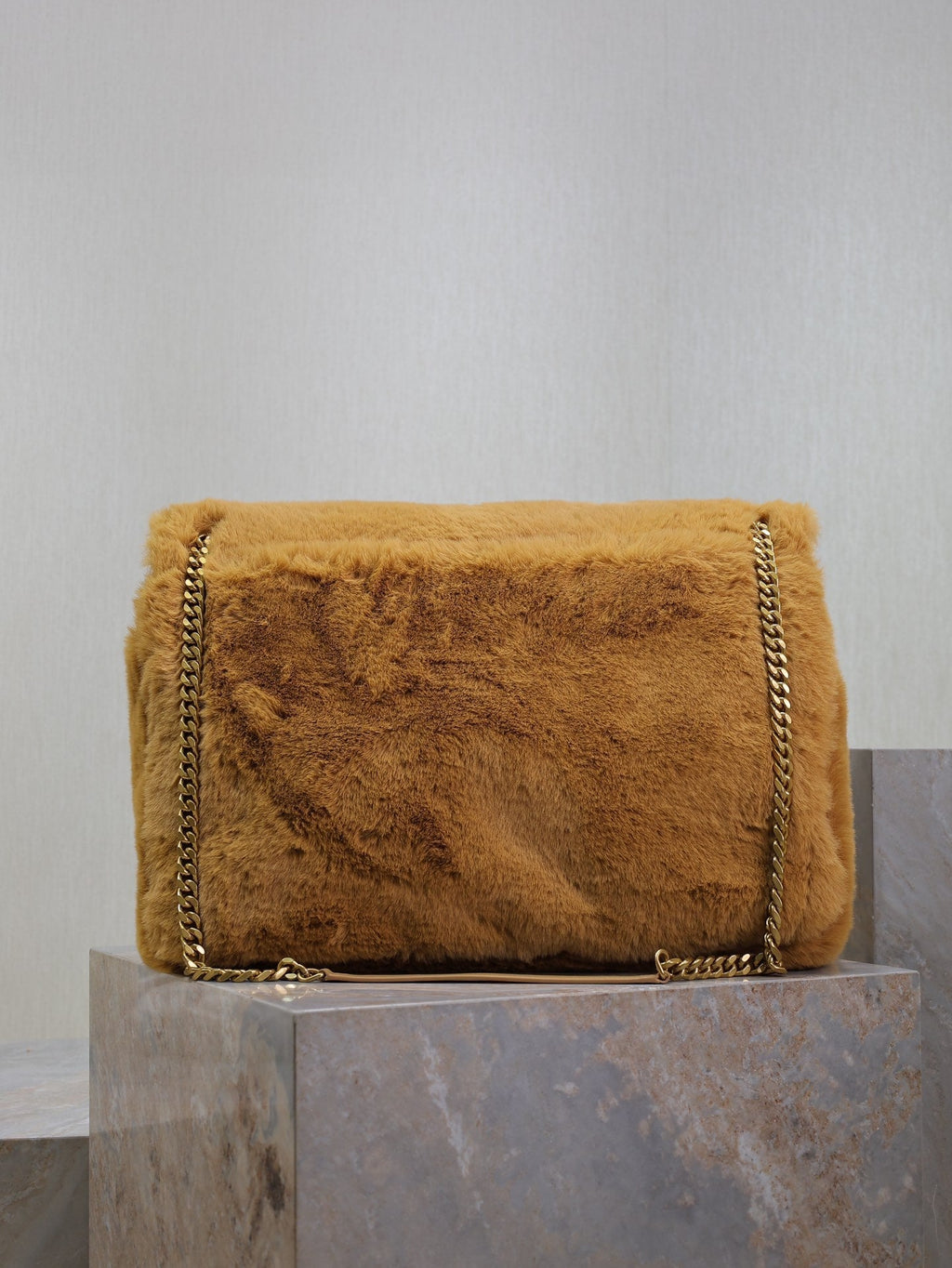 SAINT LAURENT NIKI 47 IN CINNAMON BROWN RABBIT FUR GOLD HARDWARE