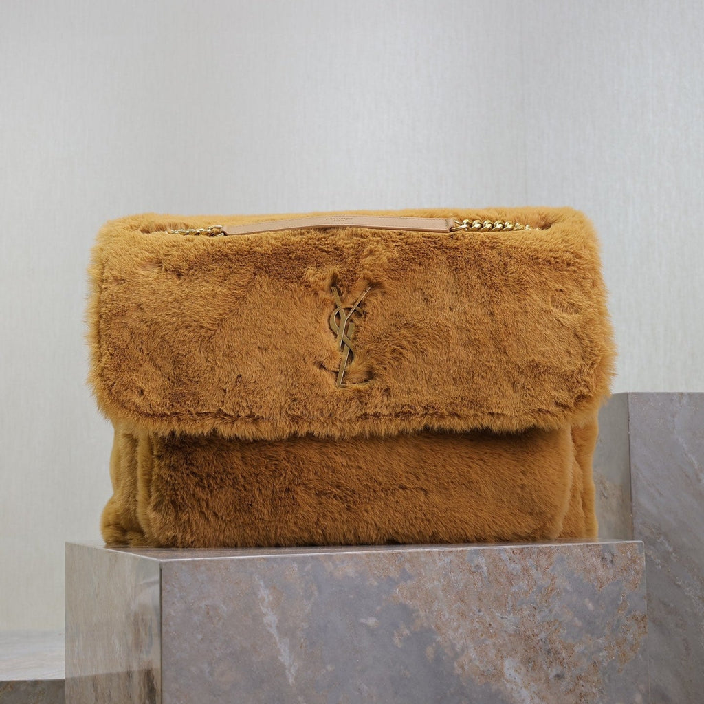 SAINT LAURENT NIKI 47 IN CINNAMON BROWN RABBIT FUR GOLD HARDWARE