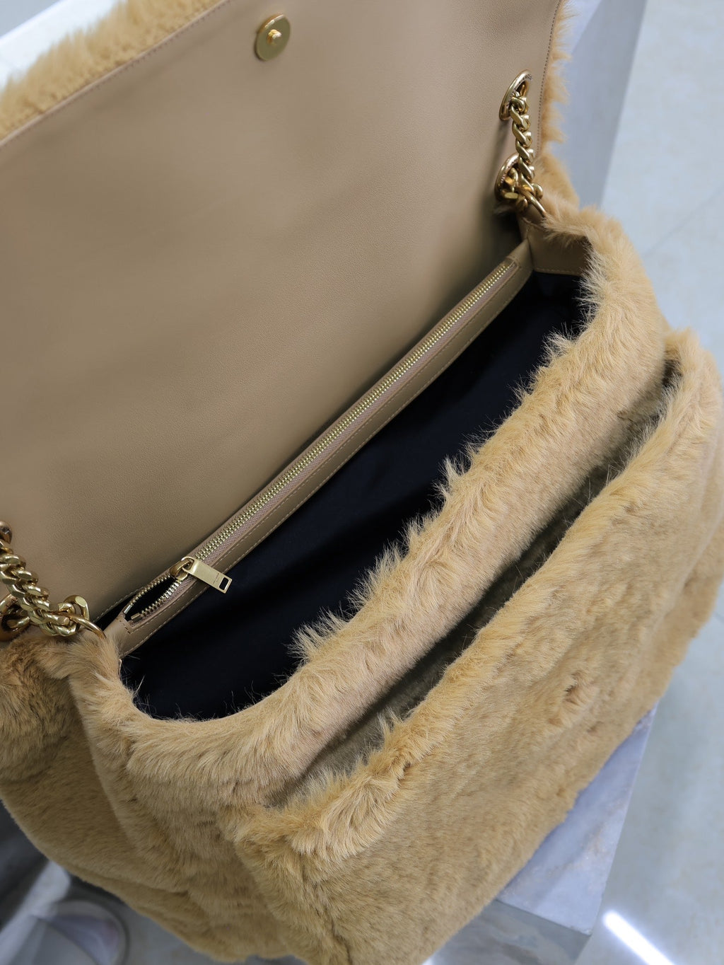 SAINT LAURENT NIKI 47 IN CINNAMON BROWN RABBIT FUR GOLD HARDWARE