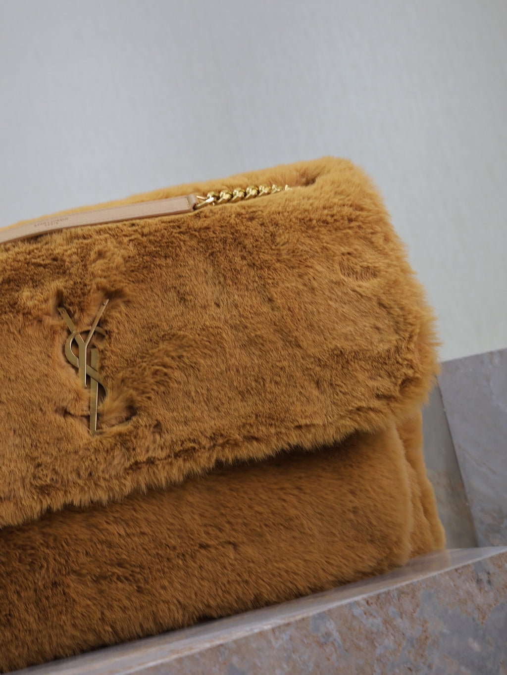 SAINT LAURENT NIKI 47 IN CINNAMON BROWN RABBIT FUR GOLD HARDWARE
