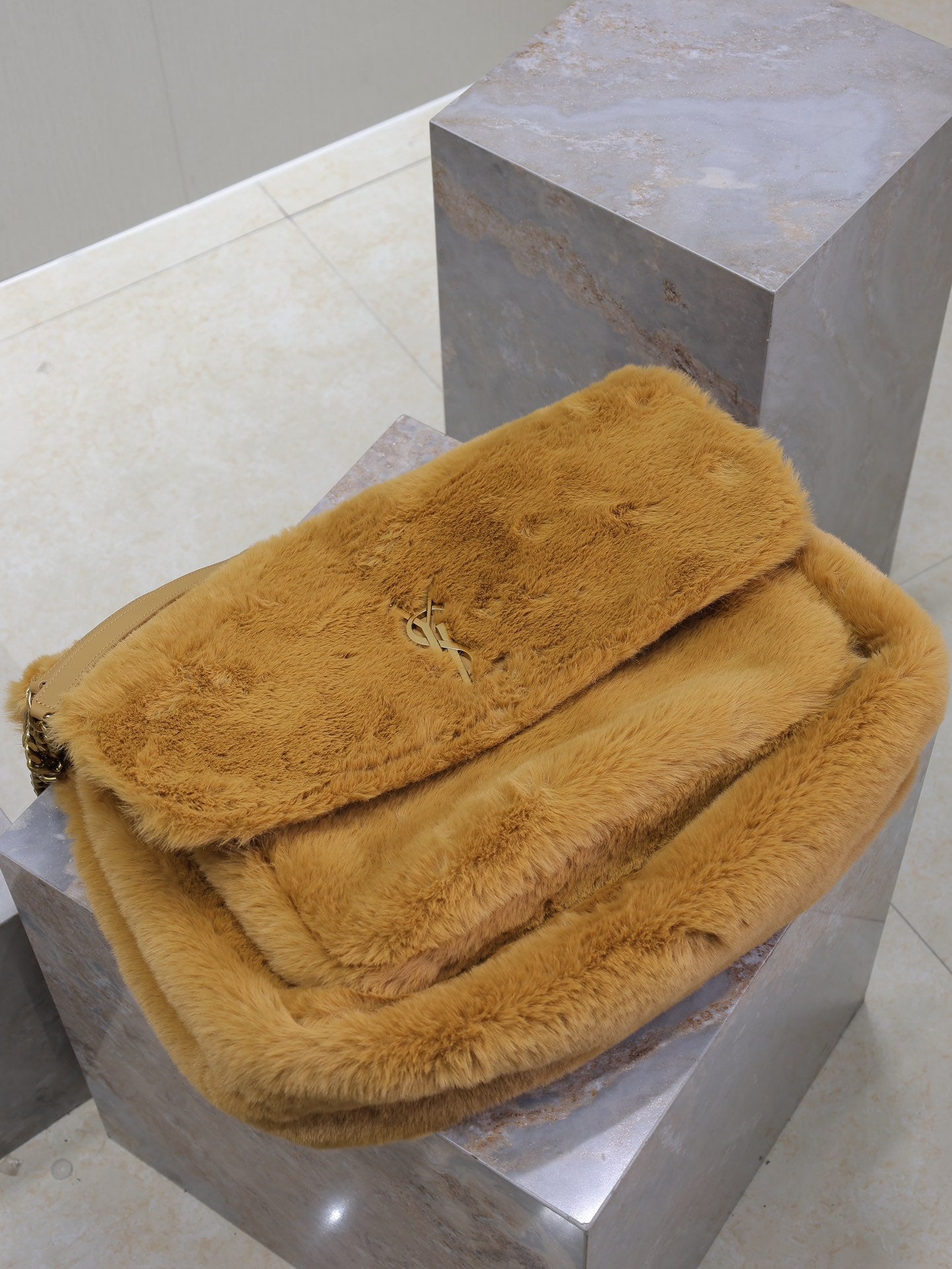 SAINT LAURENT NIKI 47 IN CINNAMON BROWN RABBIT FUR GOLD HARDWARE