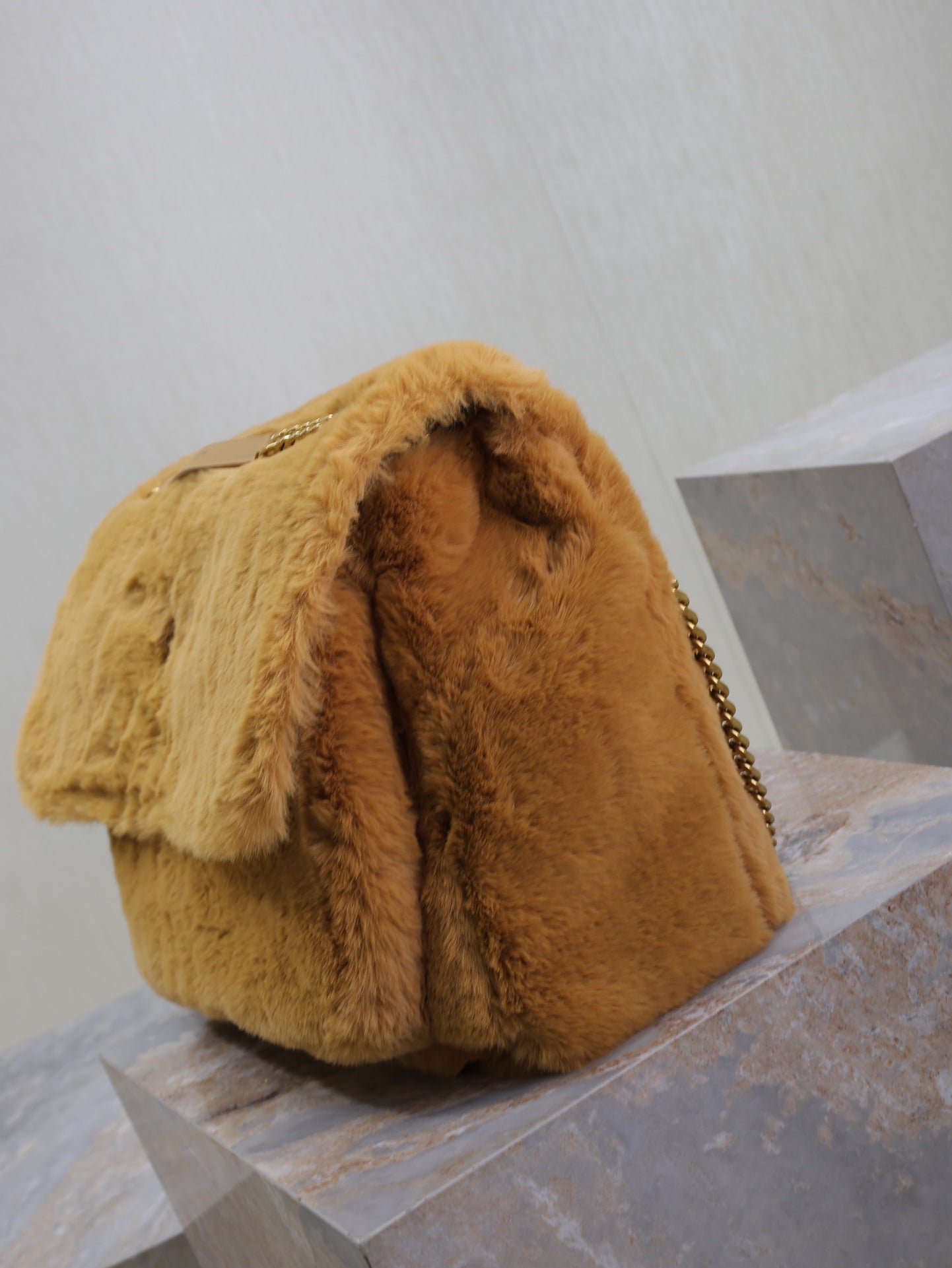 SAINT LAURENT NIKI 47 IN CINNAMON BROWN RABBIT FUR GOLD HARDWARE